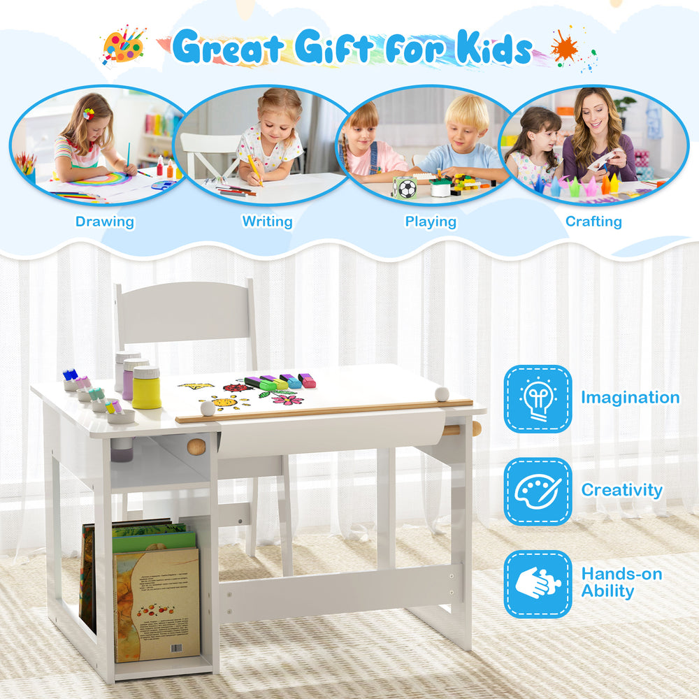 Kids art table and chair set in white with replaceable paper roll and storage for paints, ideal for crafting and.