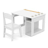 Kids art table and chair set in white with replaceable paper roll and storage for paints and toys, perfect for creative.