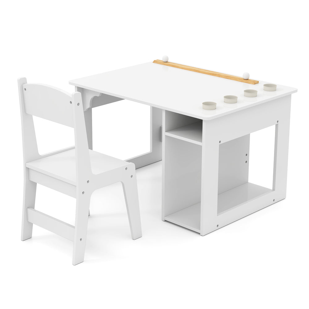 Kids art table and chair set in white with replaceable paper roll and storage for paints and toys, perfect for creative.