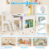 Kids art table and chair set in white with open storage, safe rounded corners, ideal for crafting and drawing.