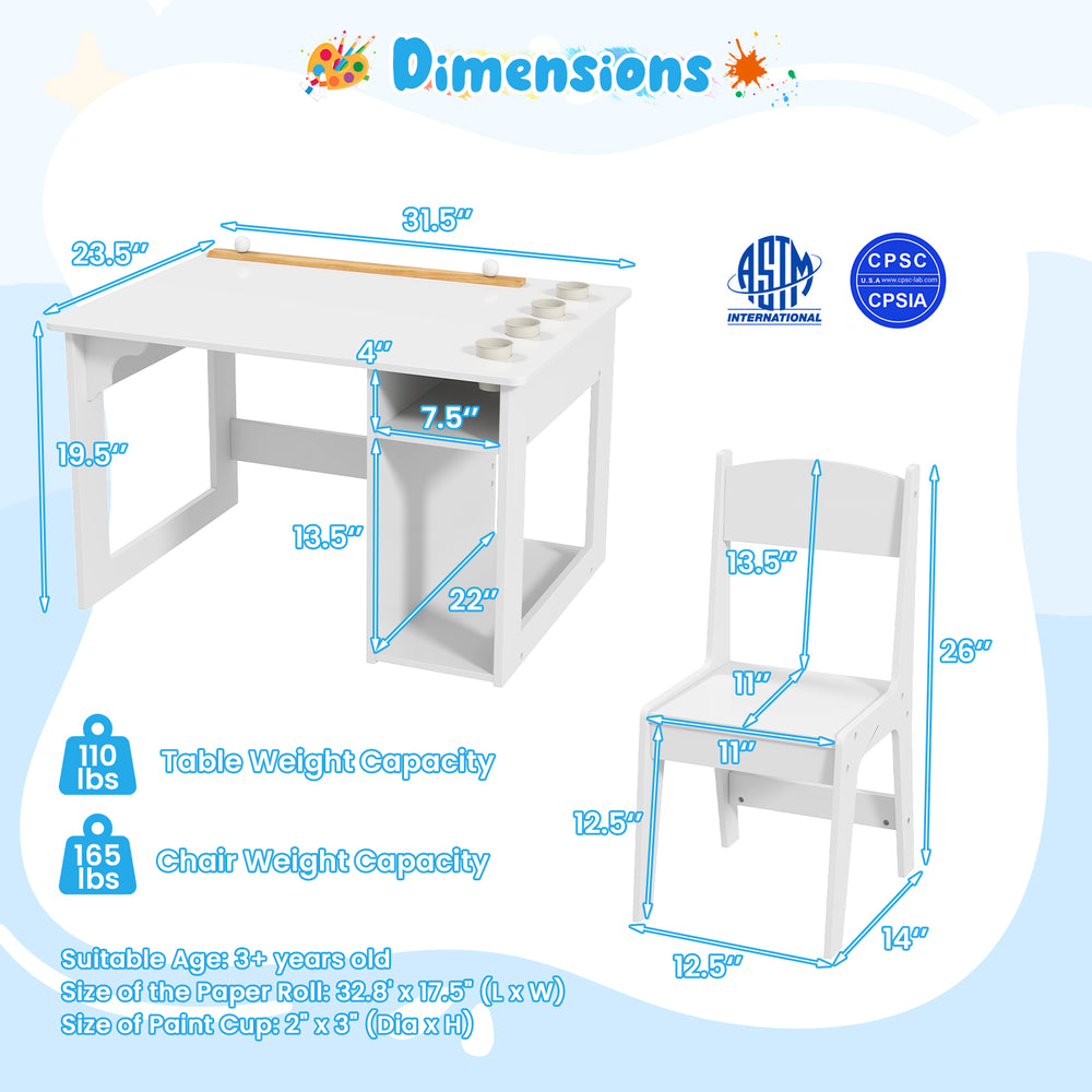 Kids art table and chair set in white with dimensions, featuring a paper roll and removable paint cups for creative.