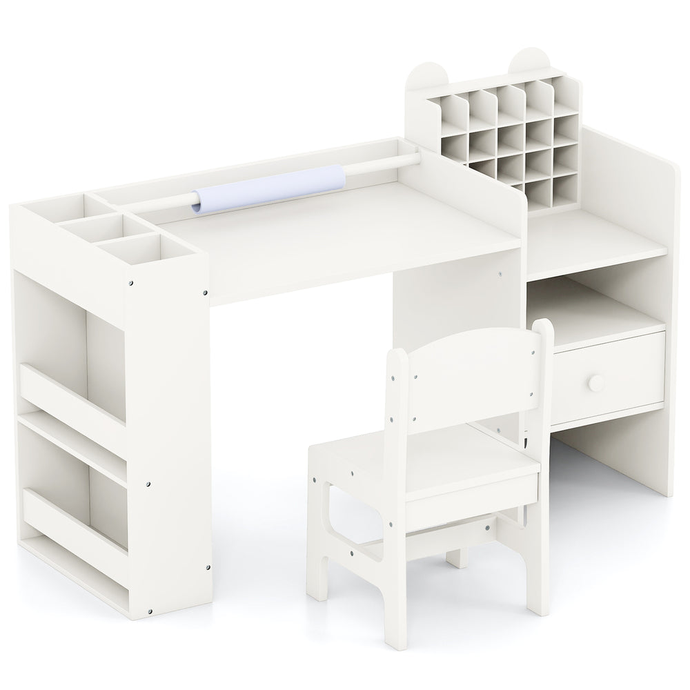 Kids art table and chair set in white with detachable paper roll holder and storage cabinet for creative play.