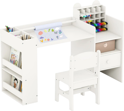Costway Kids Art Table & Chair Set w/ Paper Roll Holder Cabinet 21576859 New