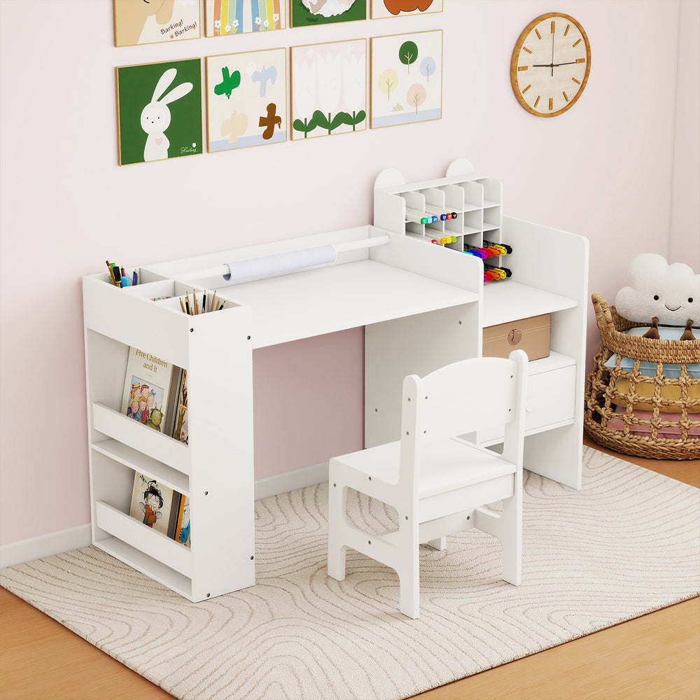 Kids art table and chair set in white with paper roll holder, storage cubes, and rounded edges for safety.