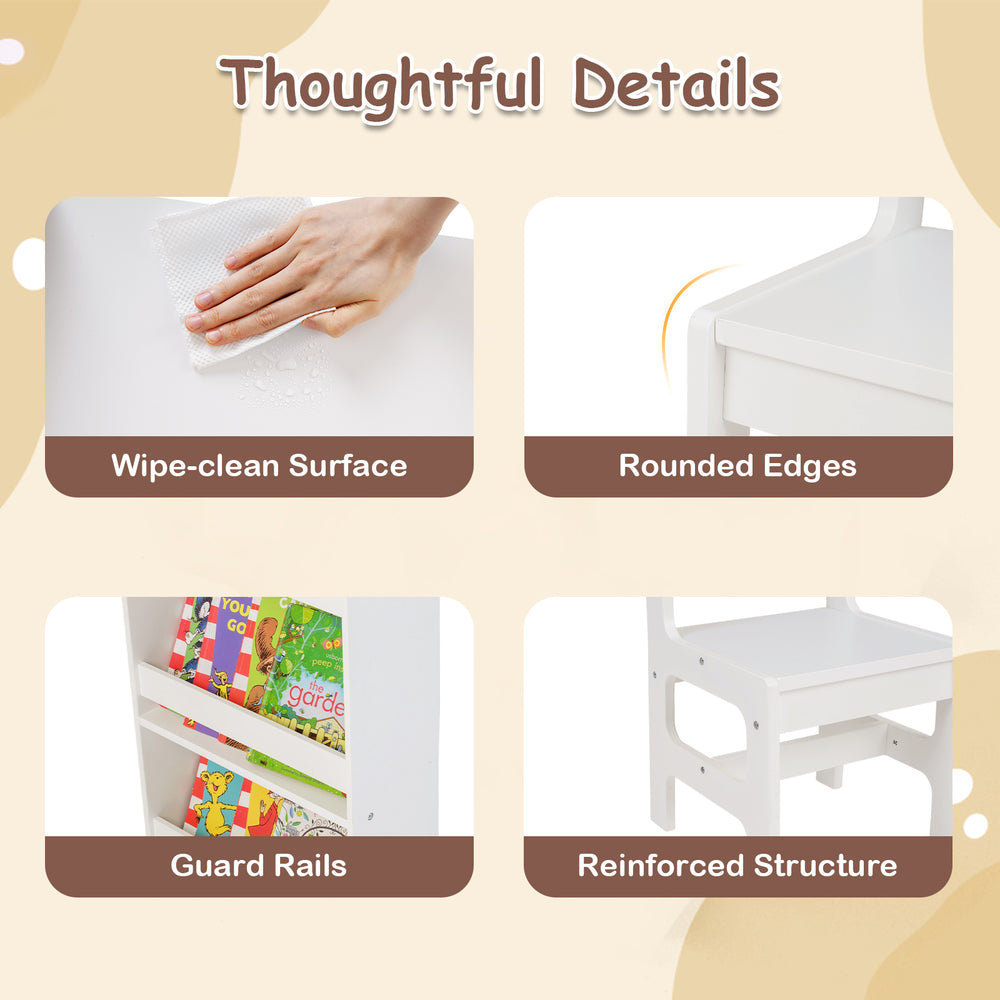 Kids art table and chair set with wipe-clean surface, rounded edges, and guard rails for safe and creative play.