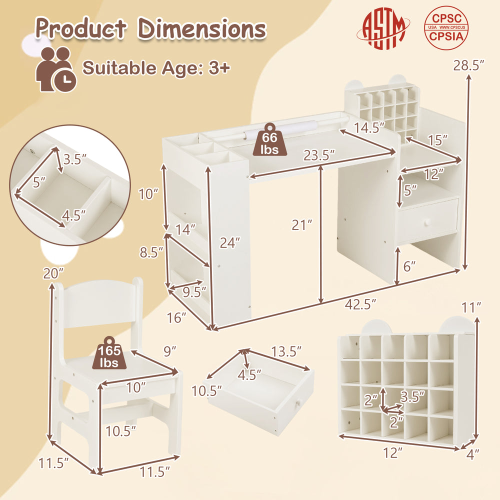Dimension chart highlighting the measurements of the kids' art table and chair set in white for creative play areas.