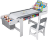Kids art table in gray with paper roll, storage bins, and chair, perfect for drawing, reading, and playing activities.