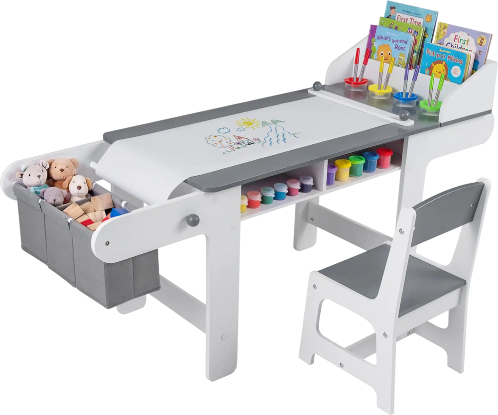 Kids art table in gray with paper roll, storage bins, and chair, perfect for drawing, reading, and playing activities.