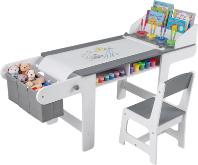 Costway Kids Art Table & Chair Set w/ Paper Roll Fabric Bins 29571774 New