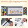 Kids art table with paper roll dispenser, gray finish, featuring storage bins for drawing, reading, and playing.