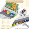 Kids art table with gray finish, featuring storage bins and paint cups, perfect for drawing and studying activities.
