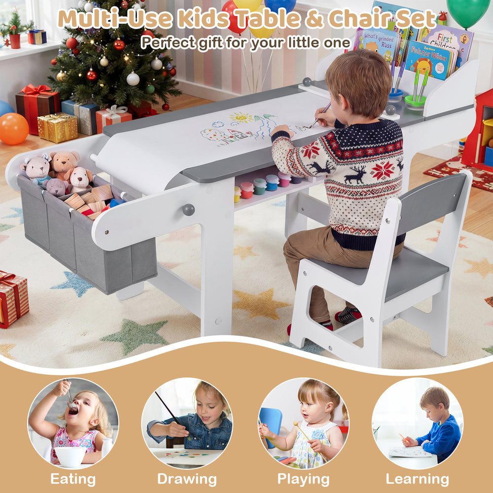Kids art table and chair set in gray with paper roll, perfect for drawing, playing, and studying with ample storage.
