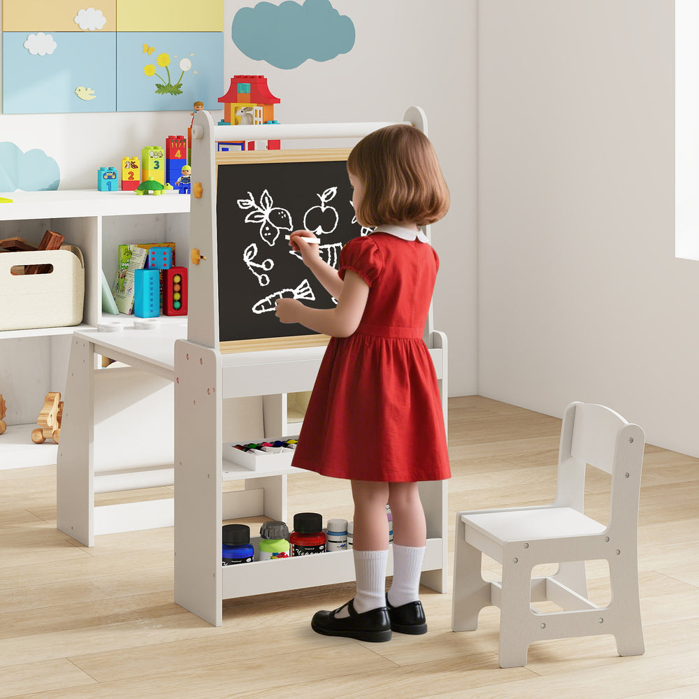 Kids art table and chair set with easel, featuring a chalkboard and whiteboard, perfect for drawing and reading.