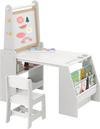 Kids art table and chair set in grey with easel, whiteboard, and storage for drawing and reading activities.