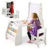 Kids art table and chair set in grey with easel, whiteboard, and chalkboard for drawing and reading activities.