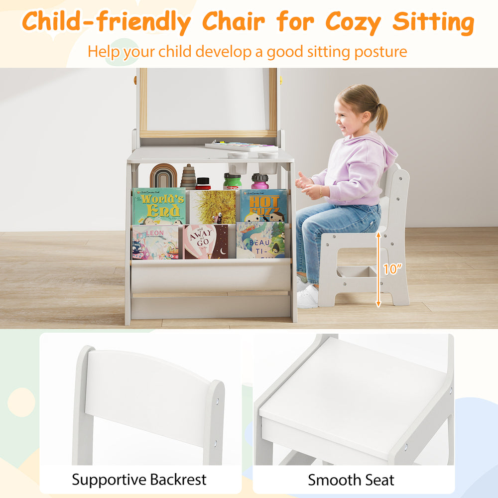 Kids art chair with supportive backrest and smooth seat, designed for cozy sitting at a grey art table for drawing and.