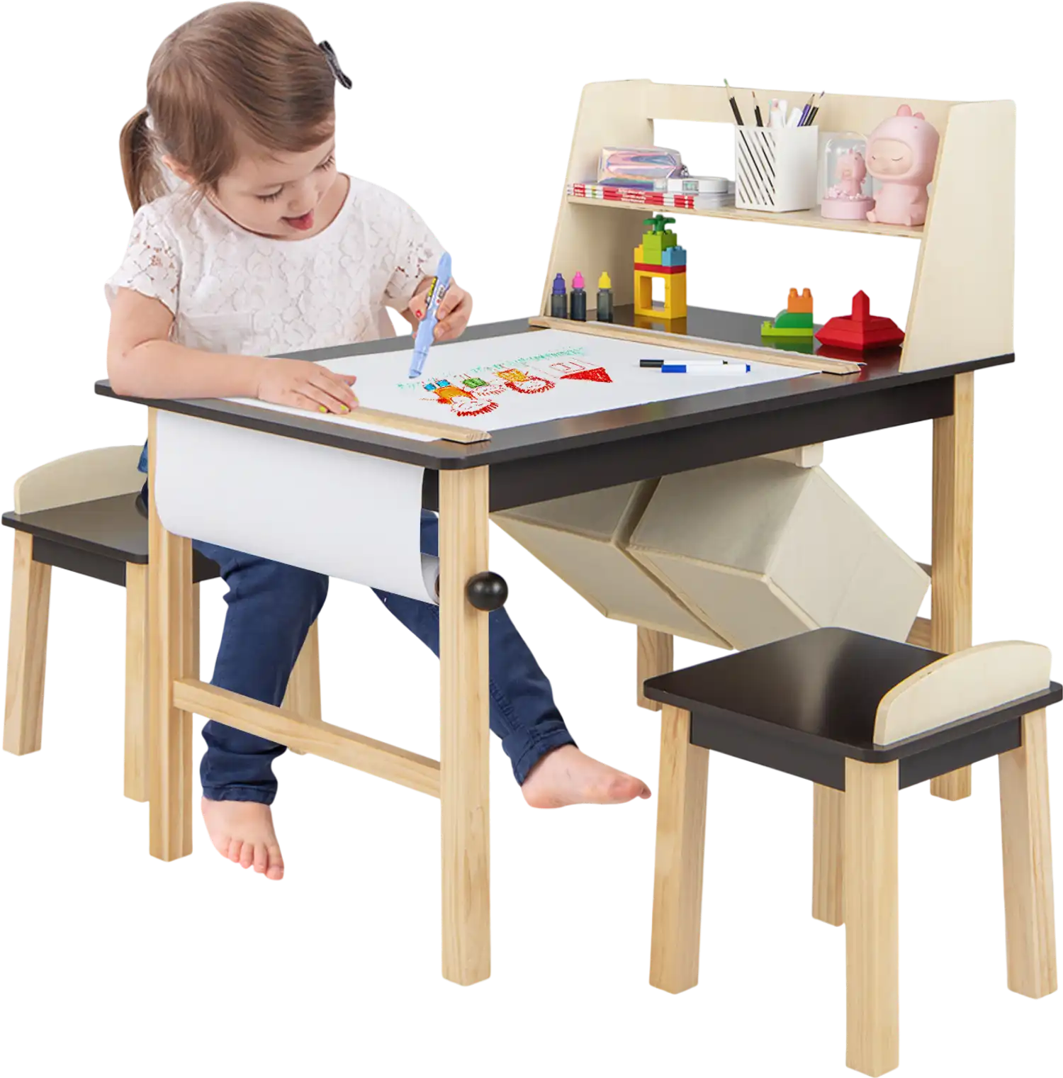 Costway Kids Art Table & Chairs Set Paper Roll Storage Bins Coffee 56723841 New
