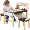 Kids art table set with paper roll and storage bins, featuring sturdy pine wood legs and two comfortable chairs for.