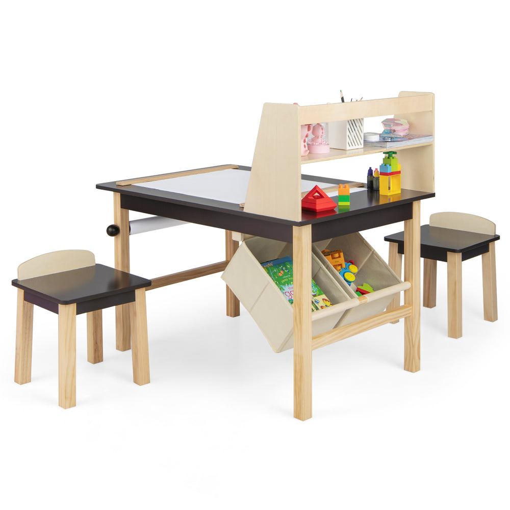 Kids art table set with two chairs, paper roll, and storage bins, perfect for drawing and playtime.
