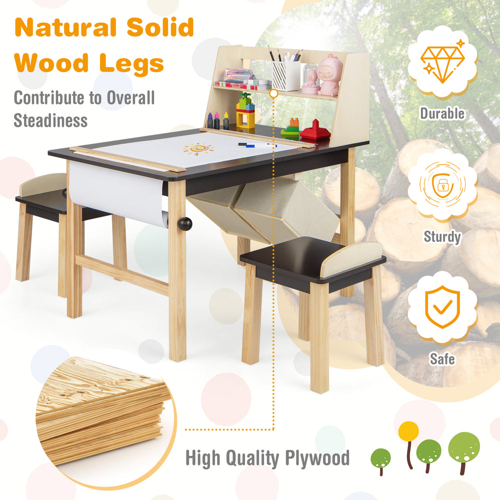 Kids art table set with sturdy pine wood legs, spacious tabletop, and storage bins, perfect for drawing and play.