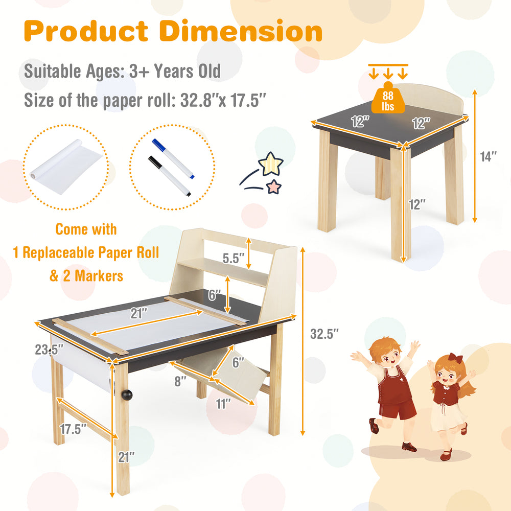 Kids art table dimensions with paper roll and storage bins, designed for two children to safely draw and create.