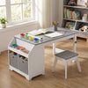Kids art table and stool set in gray, featuring smooth round edges and removable fabric bins for safe and organized.