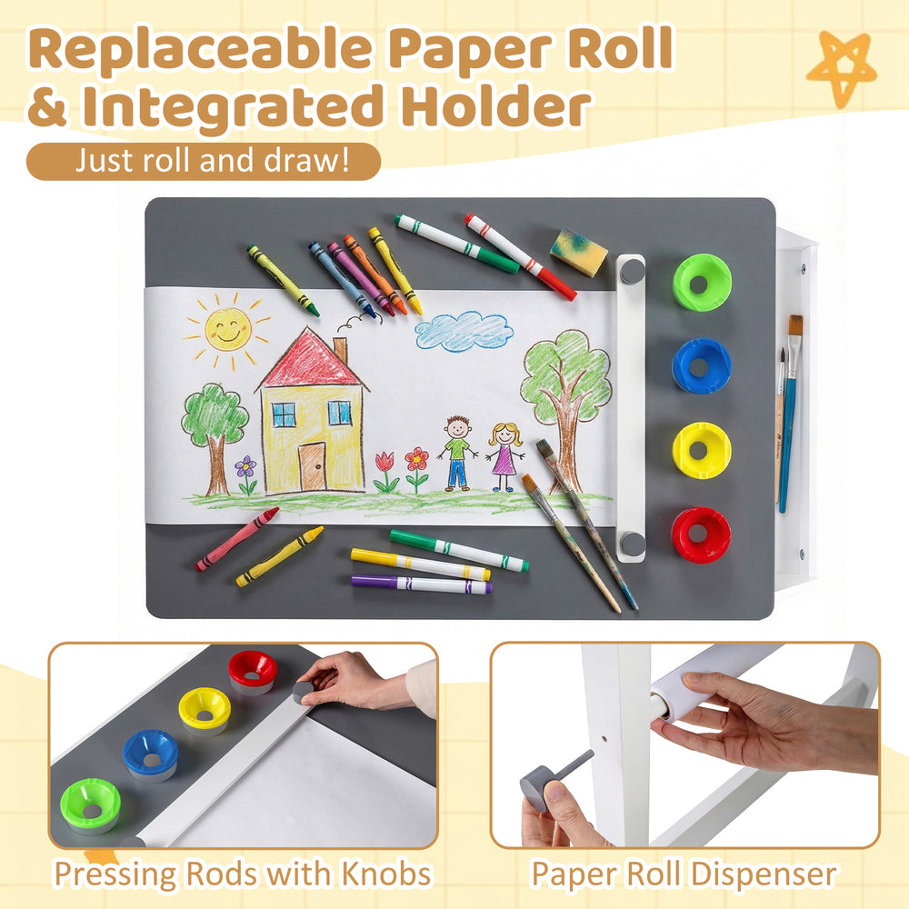 Kids art table with integrated paper roll, 4 colorful paint cups, and storage bins for creative play and learning.