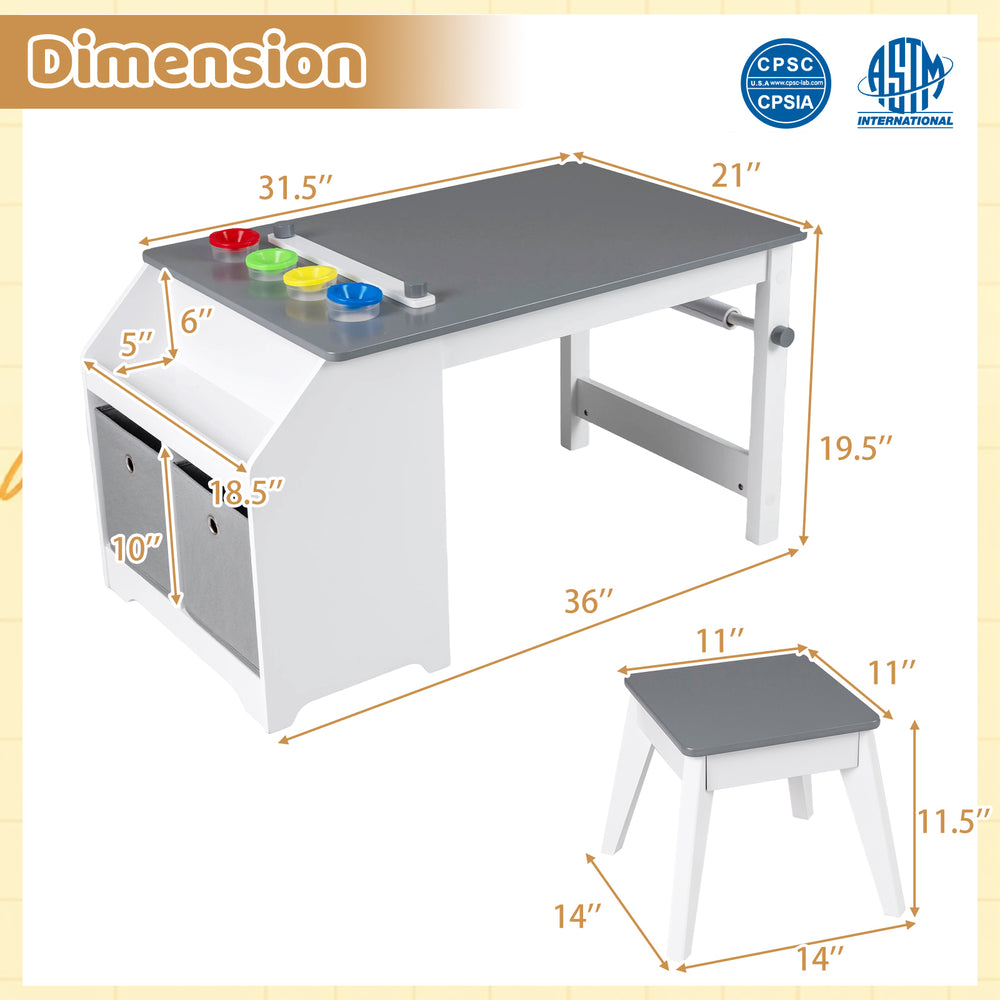 Kids art table set with gray surface, 4 paint cups, and storage cubbies, ideal for playroom activities.