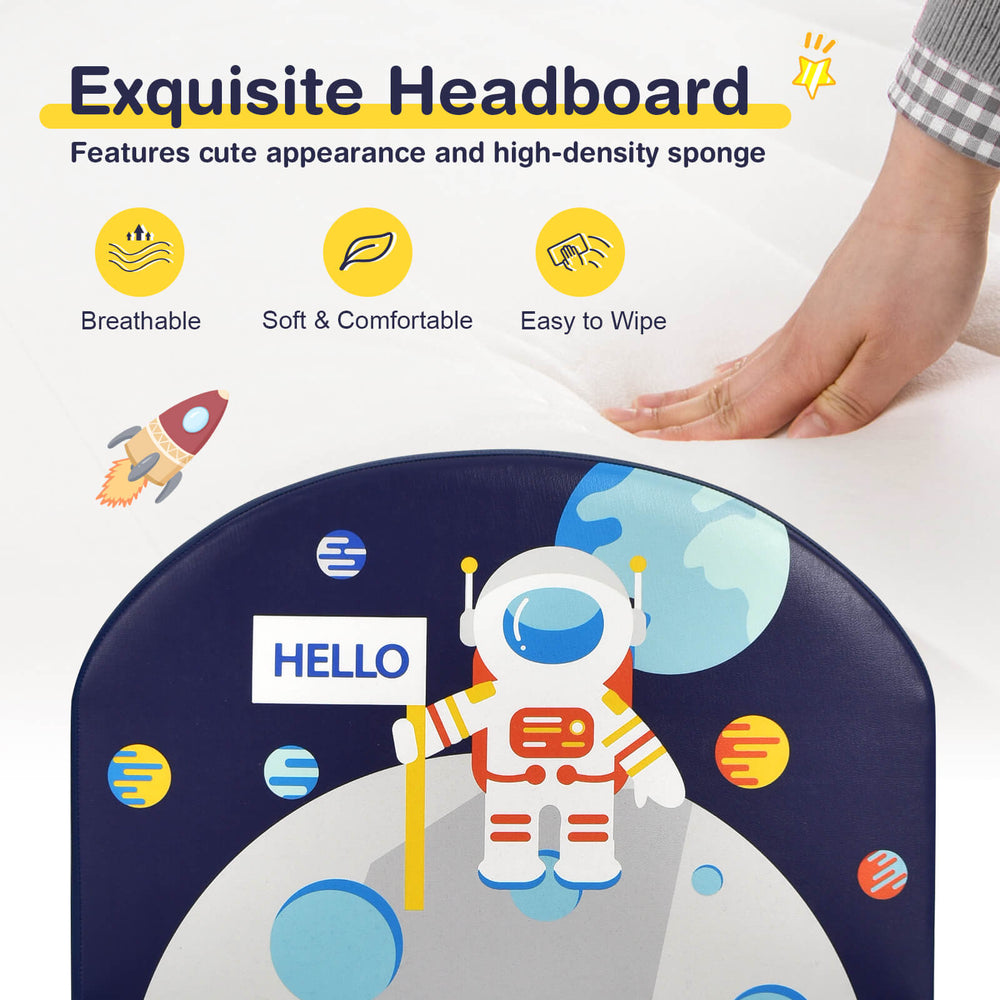 Kids upholstered platform bed headboard featuring a cute astronaut design, high-density sponge, and easy-to-clean PVC.