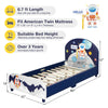 Kids upholstered platform bed with headboard and footboard, designed for twin mattresses, featuring cute space patterns.