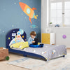 Kids upholstered platform bed with headboard and footboard, designed for twin mattresses, featuring a playful space.
