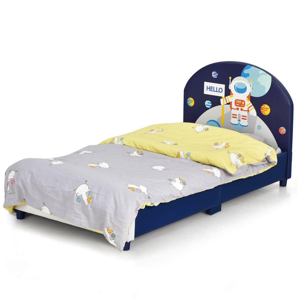 Kids upholstered platform bed with astronaut headboard, suitable for standard twin mattress, designed for safety and.