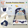 Kids upholstered platform bed with headboard and footboard, featuring adjustable feet and sturdy wooden slats for.