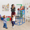 Kids basketball arcade game with electronic scoreboard, featuring two children playing indoors with colorful sticky.