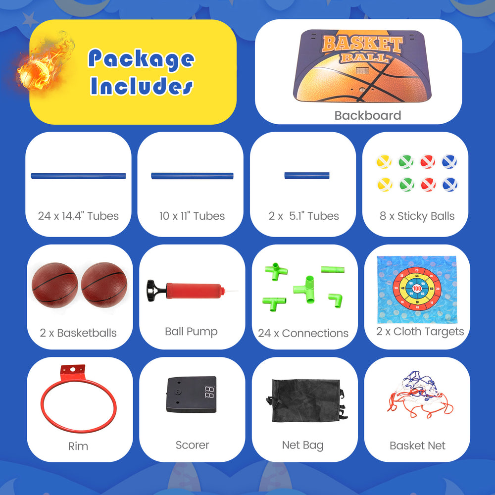 Kids basketball arcade game set with electronic scoreboard, includes 2 basketballs, 8 sticky balls, and 24 tubes for.