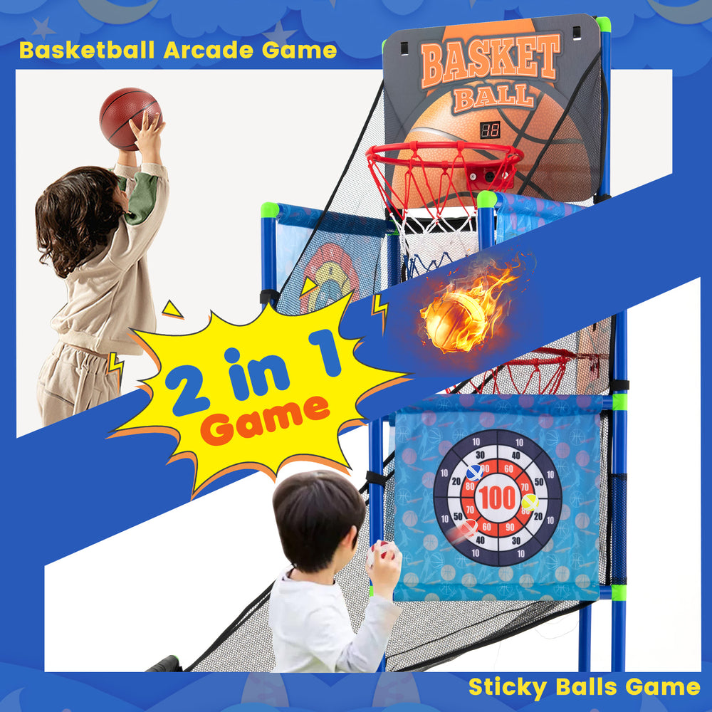 Kids Basketball Arcade Game featuring electronic scoreboard, sound effects, and 2-in-1 design for indoor and outdoor.
