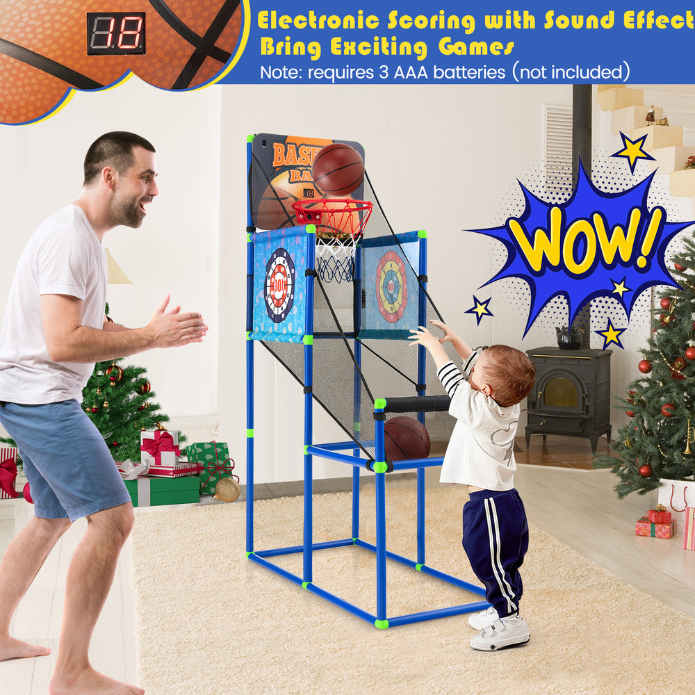 Kids basketball arcade game featuring an electronic scoreboard, sound effects, and durable PVC for indoor and outdoor.