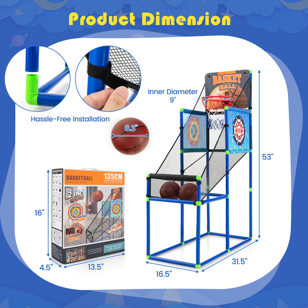 Kids basketball arcade game with electronic scoreboard, measuring 53" tall, suitable for indoor and outdoor play.