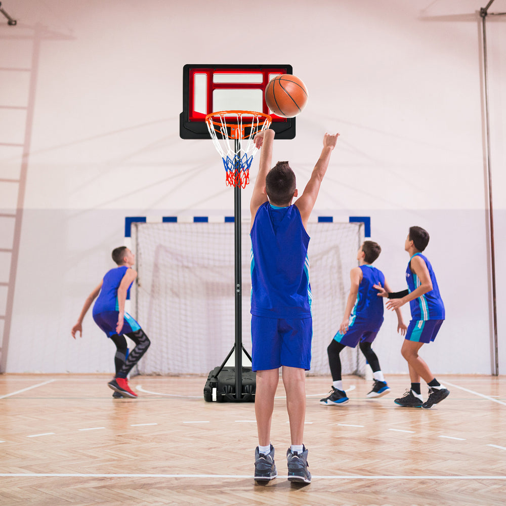 Portable basketball hoop with adjustable height from 4.3FT to 8.2FT, featuring wheels for easy mobility and.