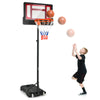 Portable basketball hoop with adjustable height from 4.3FT to 8.2FT, featuring built-in wheels for easy mobility.