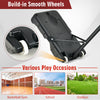 Portable basketball hoop with adjustable height, built-in wheels, and shatterproof backboard for outdoor play.