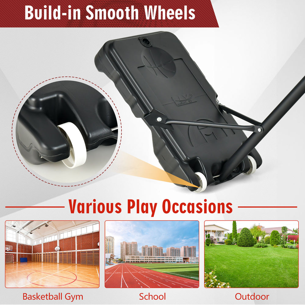 Portable basketball hoop with adjustable height, built-in wheels, and shatterproof backboard for outdoor play.