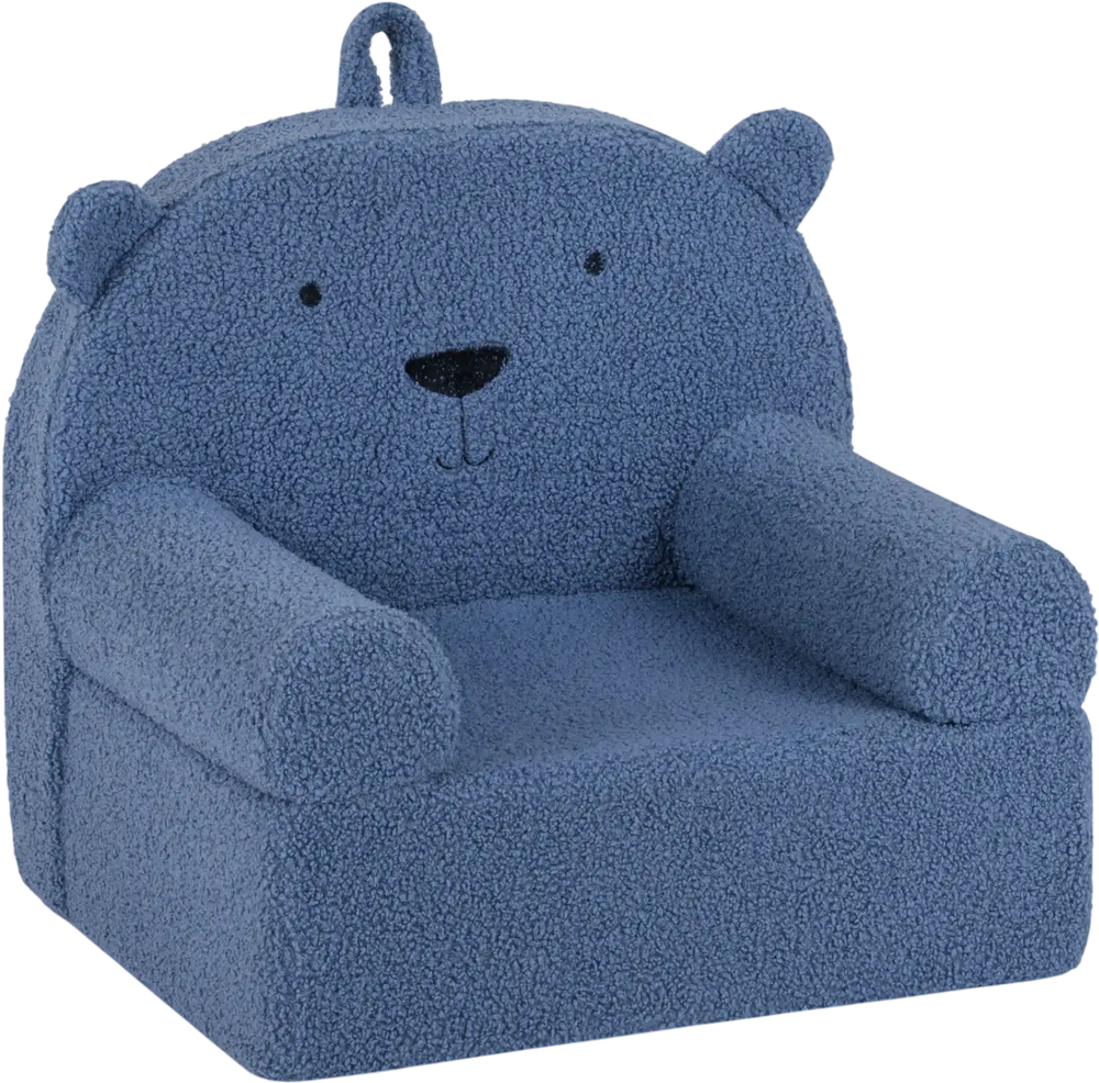 Kids bear sofa in navy with soft fleece fabric, featuring cozy backrest and armrests for toddler comfort.