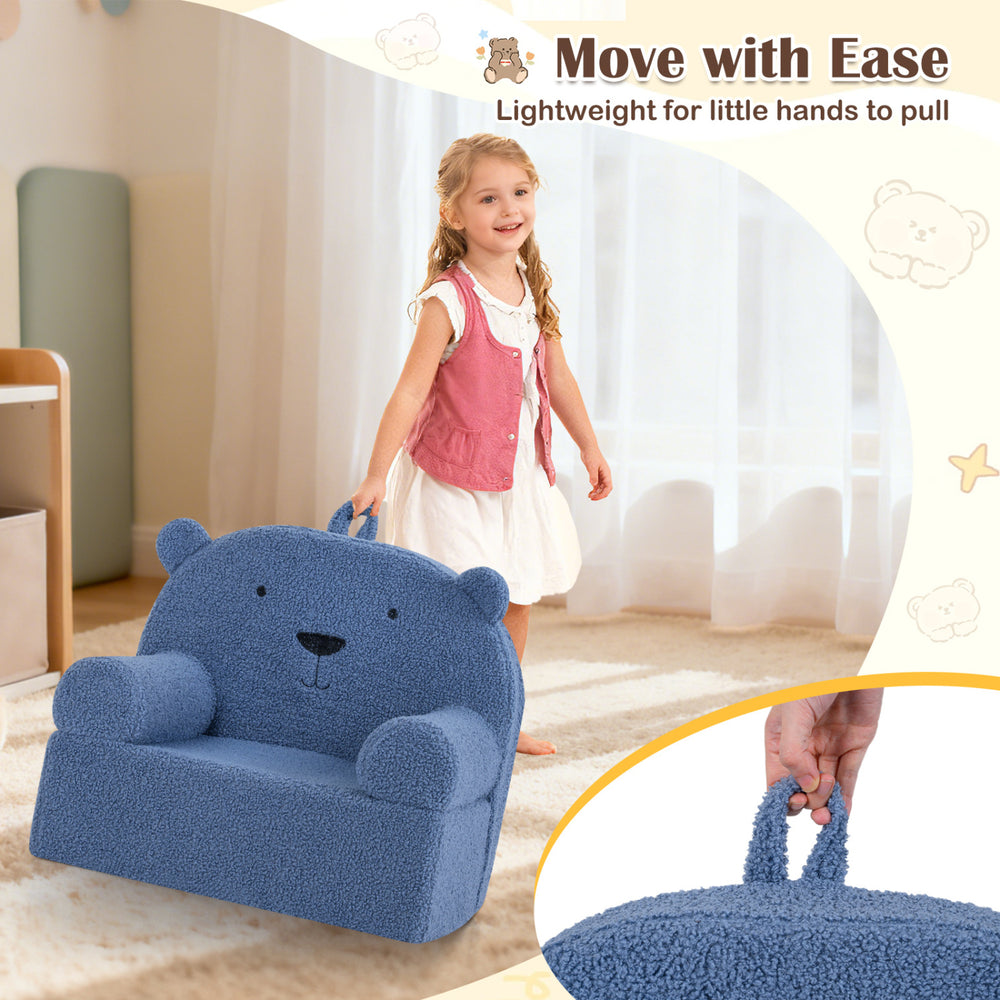 Kids Bear Sofa in navy with soft fleece fabric, lightweight design, perfect for toddlers to easily move and enjoy.