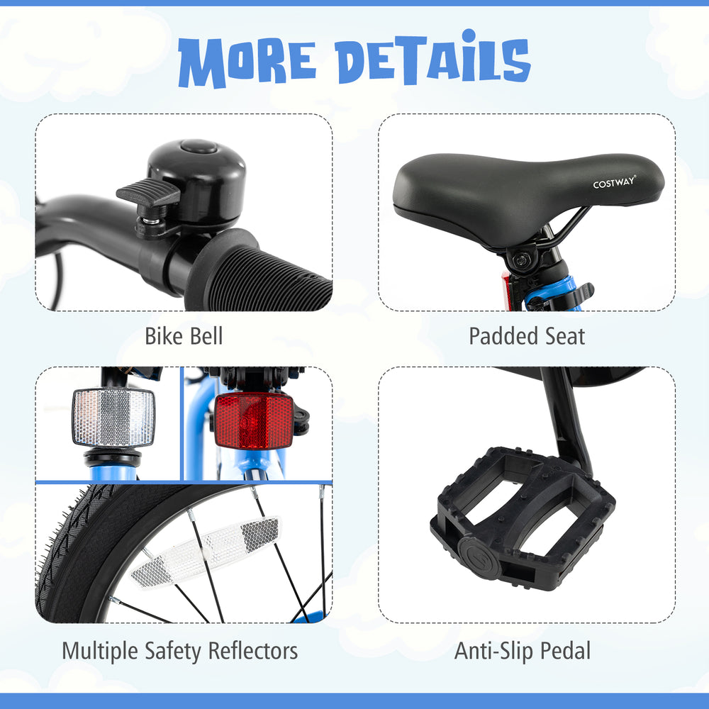 Close-up of the padded seat, bike bell, and anti-slip pedal on a 16-inch kids bike for safety and comfort.