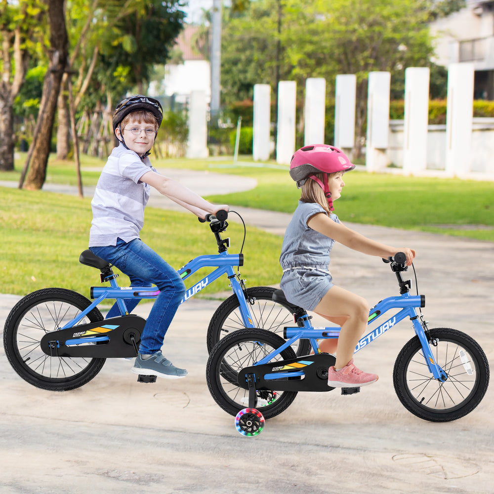 Kids bike with 16-inch wheels, LED lights, adjustable seat, and training wheels, perfect for children aged 4-7.