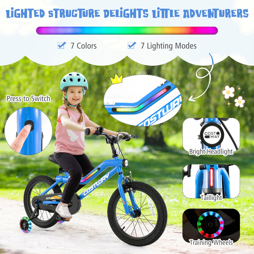 16-inch kids bike with LED lights, adjustable seat, training wheels, and bright headlight for safe riding fun.
