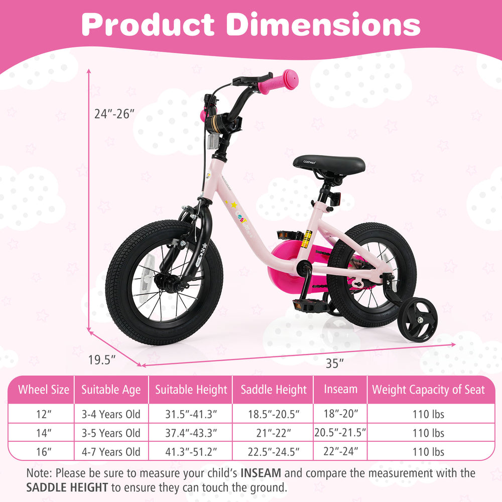 Kids bike in pink for ages 3-7, featuring 12-inch wheels, dual brakes, and detachable training wheels for safe riding.