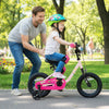 Pink 12-inch kids bike with training wheels, handbrake, and enclosed chain guard for safe riding in the park.