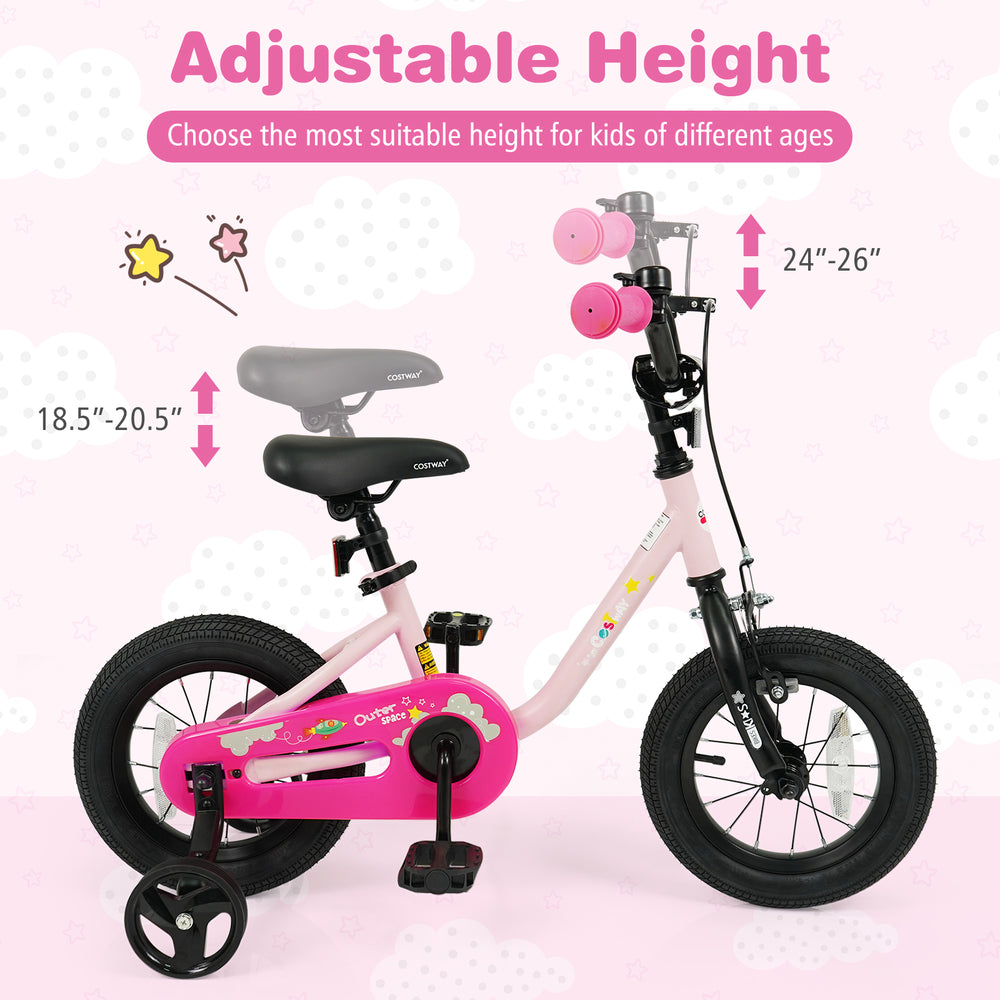 Kids bike with adjustable height, pink color, 12-inch wheels, and detachable training wheels for ages 3-7.